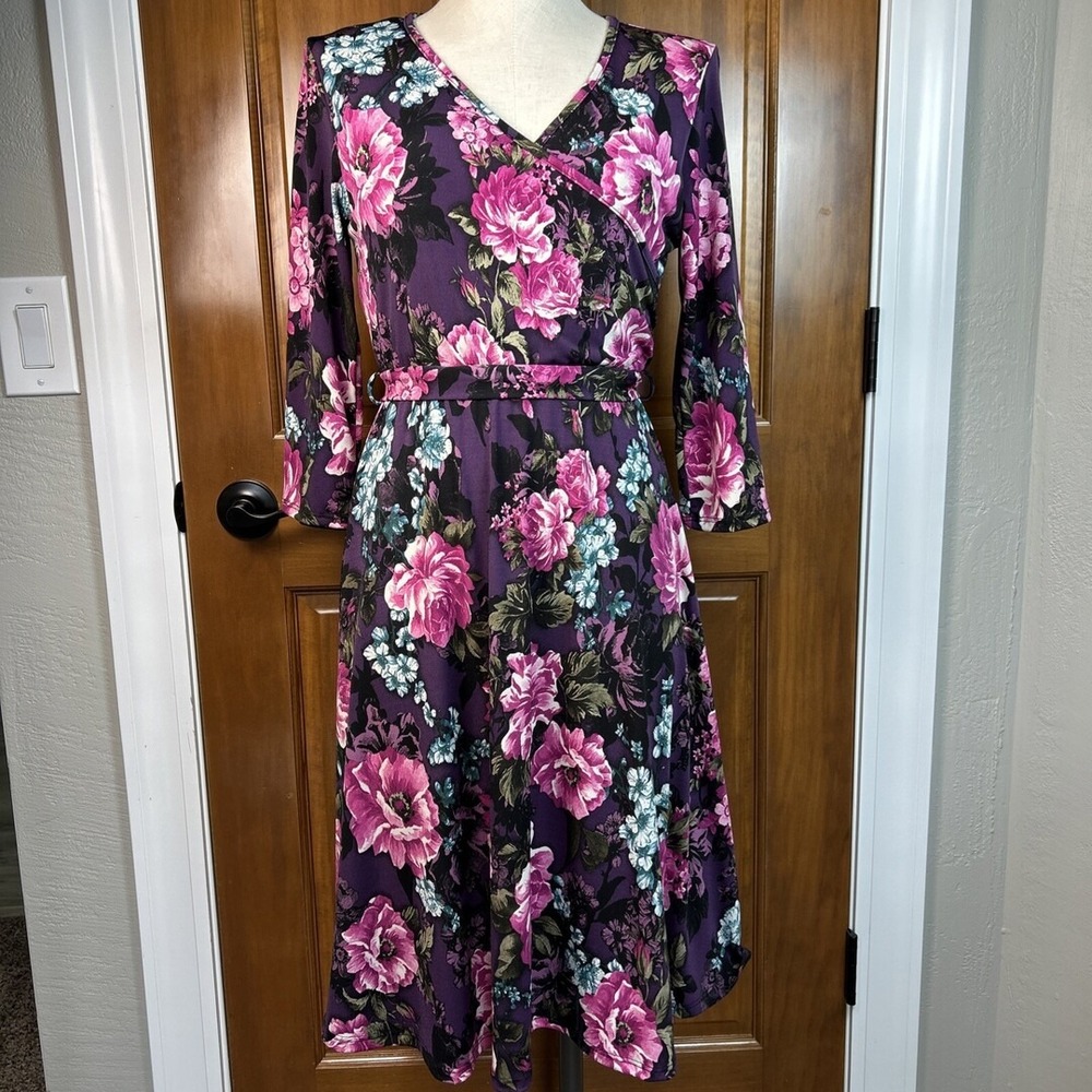 Pink Blush Floral V-Neck Wrap Dress Purple Pink Cottagecore Tie Waist Midi L